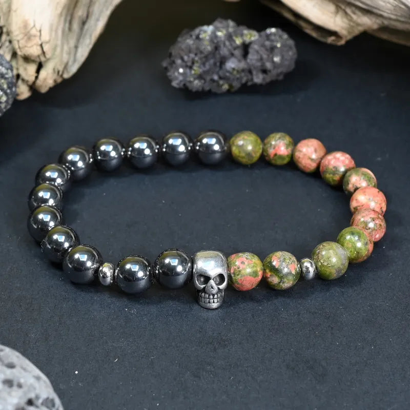 Bracelet Homme Hématite & Unakite - Lucidité, Résilience & Transformation Tête de Mort