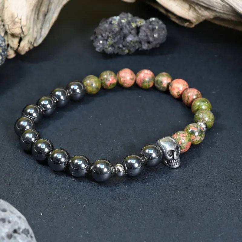 Bracelet Homme Hématite & Unakite - Lucidité, Résilience & Transformation Tête de Mort