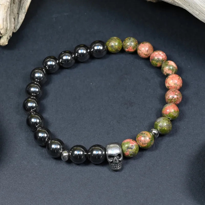 Bracelet Homme Hématite & Unakite - Lucidité, Résilience & Transformation Tête de Mort