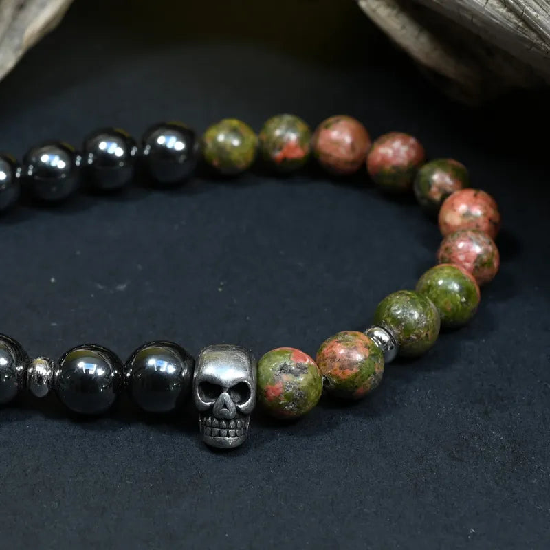 Bracelet Homme Hématite & Unakite - Lucidité, Résilience & Transformation Tête de Mort