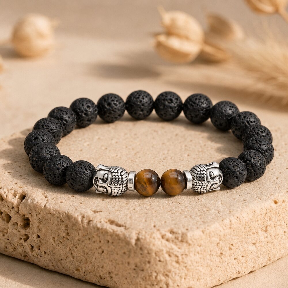 Bracelet "Chance et Protection" Bouddha en Pierre de Lave & Oeil-de-Tigre