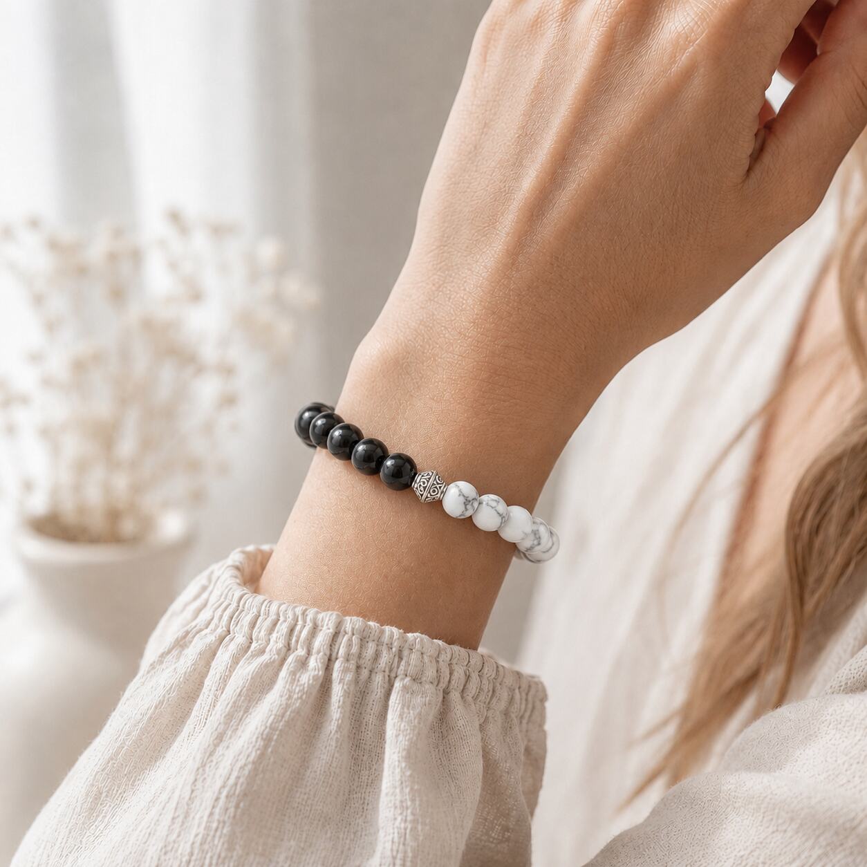 Bracelet "Anti-Tabac" en Agate Noire & Howlite Dépolie