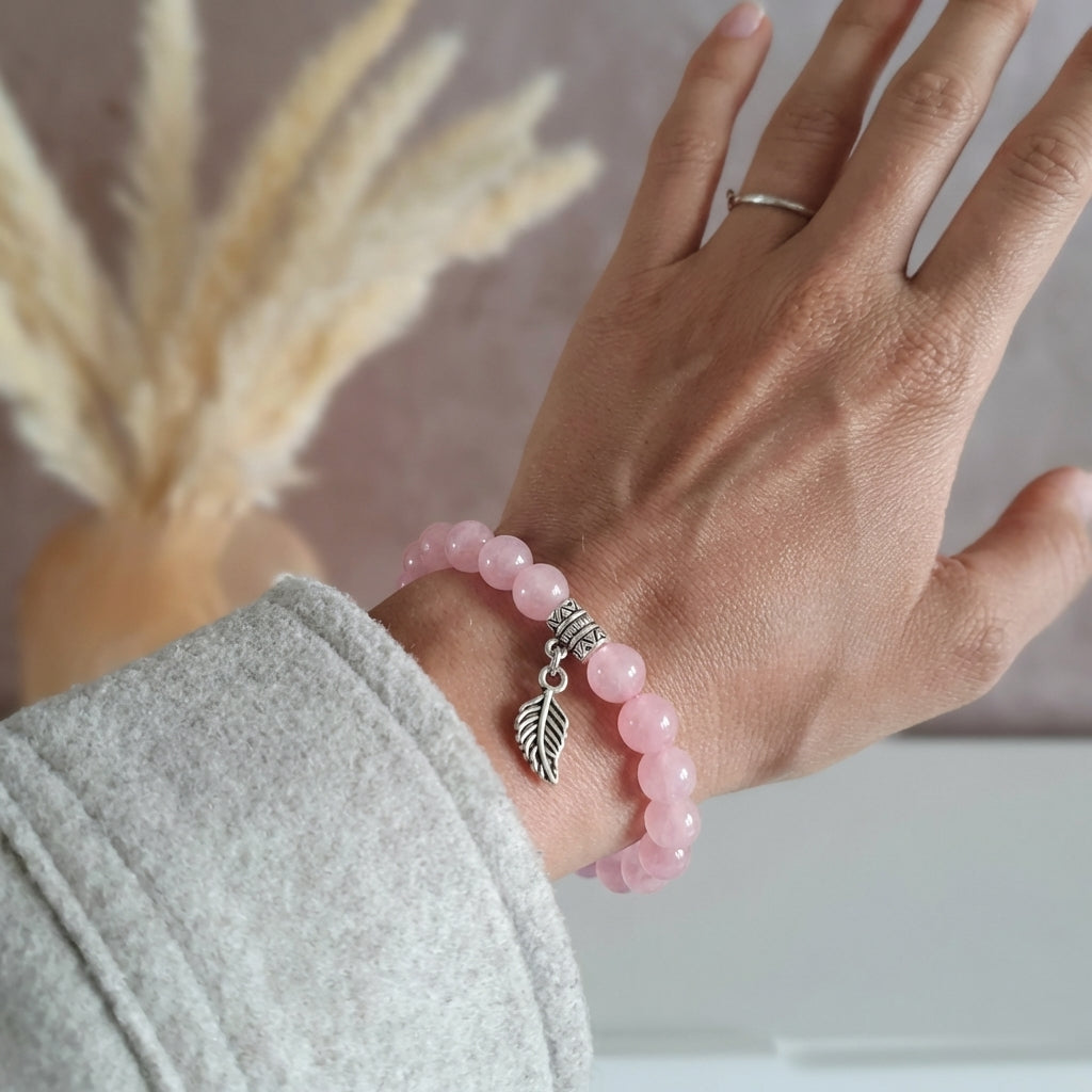 Bracelet "Amour" en Quartz Rose & Feuille Argent 925 - Pièce de Bijouterie -